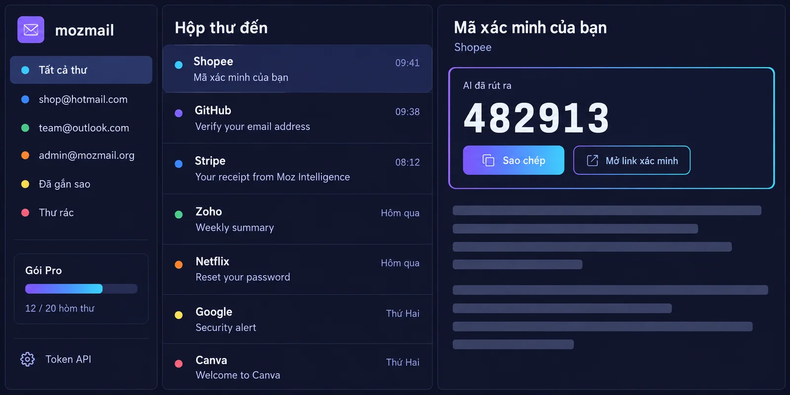 Giao diện mozmail trên máy tính: hộp thư gom từ nhiều hòm, AI rút ra mã xác minh 482913